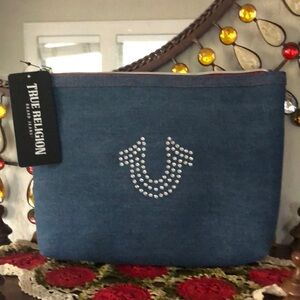 NWT True Religion Denim Cosmetic Bag w/Embellished Horseshoe